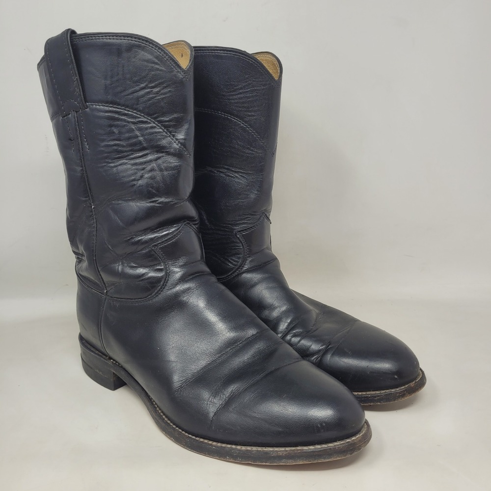 Vintage Justin Boots 8.5D Black Leather Western Cowboy Roper 3133 USA Rodeo